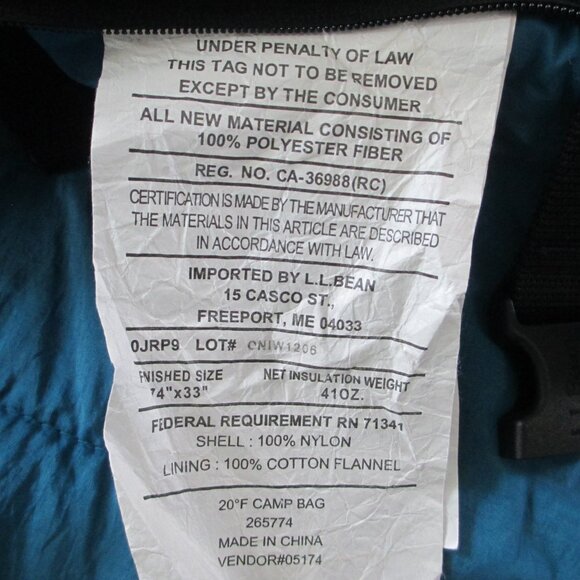 L. L. BEAN FLANNEL-LINED 20° CAMP SLEEPING BAG - Picture 12 of 13